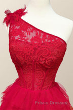 One Shoulder Lace and Tulle Tiered Ruffle Formal Prom Dress