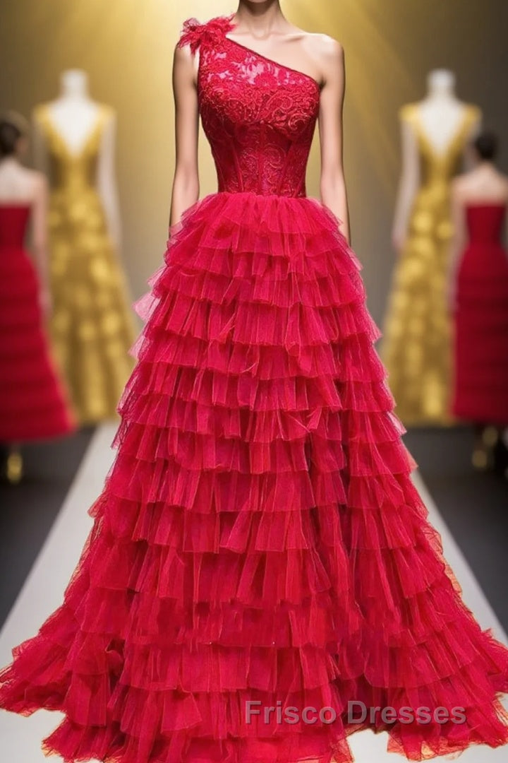 One Shoulder Lace and Tulle Tiered Ruffle Formal Prom Dress Main image