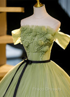 Geen Tulle A-line Formal Prom Dress with FLowers, Off  Shoulder Tulle Party Dress