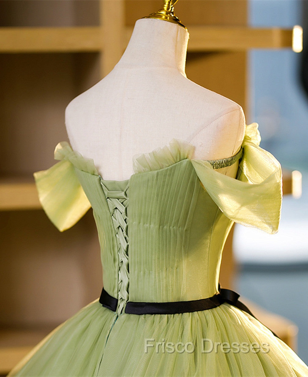 Geen Tulle A-line Formal Prom Dress with FLowers, Off  Shoulder Tulle Party Dress