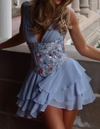 Gentle A Line V Neck Embroidery Satin Layered Blue Chiffon Homecoming Dress Birthday Dress