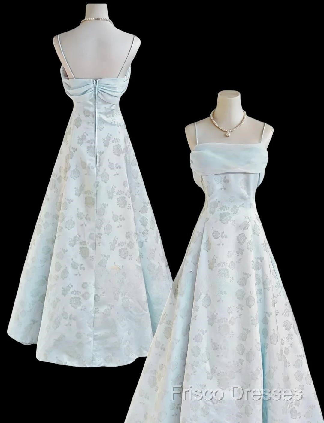 Gentle Blue A-Line Spaghetti Strap Satin Chiffon Long Formal Prom Dress Birthday Dress Graduation Formal Prom Dress