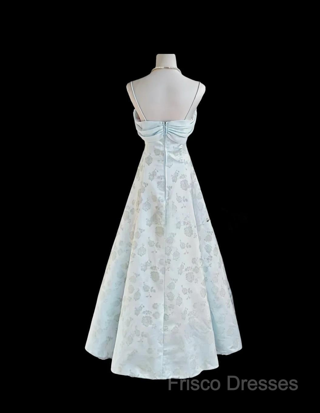 Gentle Blue A-Line Spaghetti Strap Satin Chiffon Long Formal Prom Dress Birthday Dress Graduation Formal Prom Dress