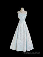 Gentle Blue A-Line Spaghetti Strap Satin Chiffon Long Formal Prom Dress Birthday Dress Graduation Formal Prom Dress