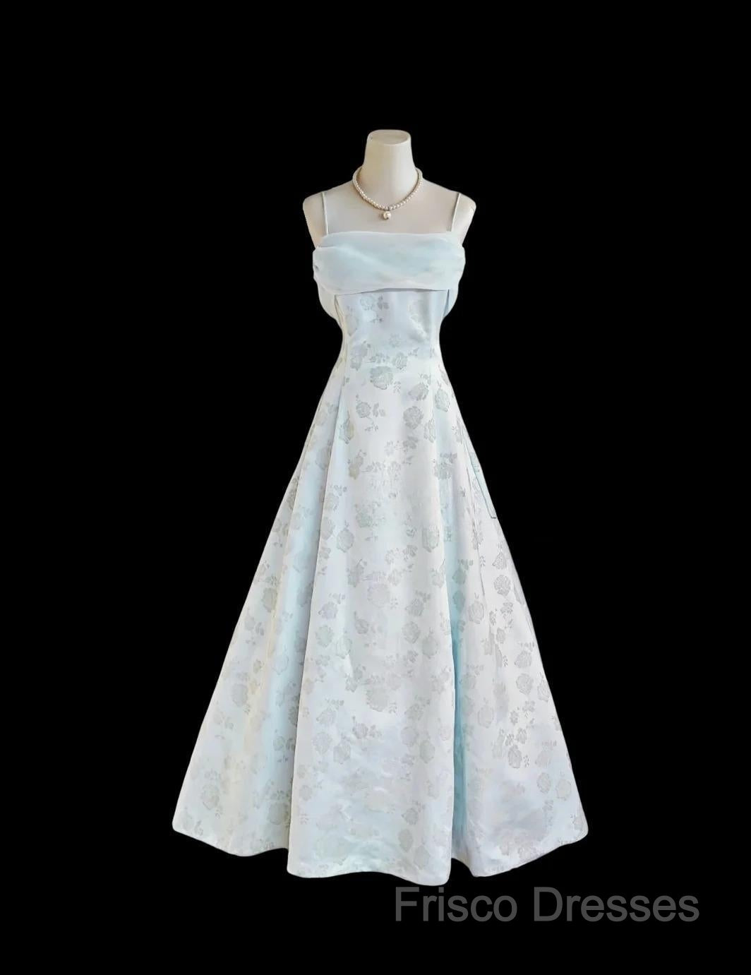 Gentle Blue A-Line Spaghetti Strap Satin Chiffon Long Formal Prom Dress Birthday Dress Graduation Formal Prom Dress