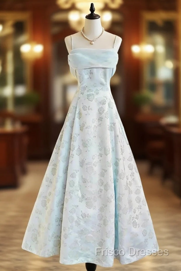 Gentle Blue A-Line Spaghetti Strap Satin Chiffon Long Formal Prom Dress Birthday Dress Graduation Formal Prom Dress Main image