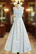 Gentle Blue A-Line Spaghetti Strap Satin Chiffon Long Formal Prom Dress Birthday Dress Graduation Formal Prom Dress