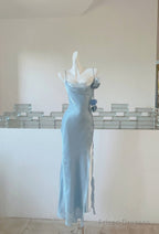 Gentle Blue Bodycon Dress Spaghetti Strap Chiffon Long Prom Dress Graduation Prom Dress