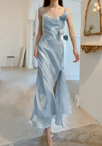 Gentle Blue Bodycon Dress Spaghetti Strap Chiffon Long Prom Dress Graduation Prom Dress