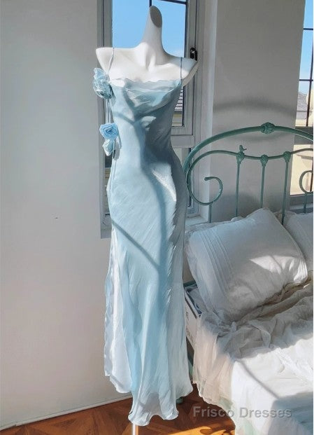 Gentle Blue Bodycon Dress Spaghetti Strap Chiffon Long Prom Dress Graduation Prom Dress
