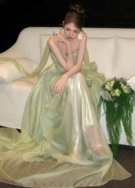 Gentle Light Green A-Line Strapless Layered Ruffled Tulle Train Prom Dress Evening Dress