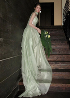 Gentle Light Green A-Line Strapless Layered Ruffled Tulle Train Prom Dress Evening Dress