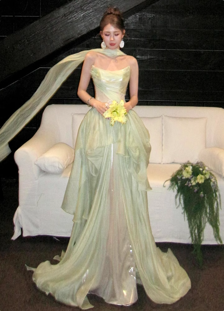 Gentle Light Green A-Line Strapless Layered Ruffled Tulle Train Prom Dress Evening Dress Main image