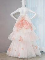 Gentle Pastel Layered A-Line Strapless Tulle Long Prom Dress Cute Applique Birthday Evening Dress