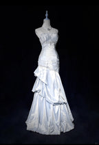 Sweet Spaghetti Straps Mermaid Evening Dresses Pink Satin Layered Pleated Prom Dress With Beading
