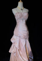 Sweet Spaghetti Straps Mermaid Evening Dresses Pink Satin Layered Pleated Prom Dress With Beading