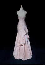 Sweet Spaghetti Straps Mermaid Evening Dresses Pink Satin Layered Pleated Prom Dress With Beading