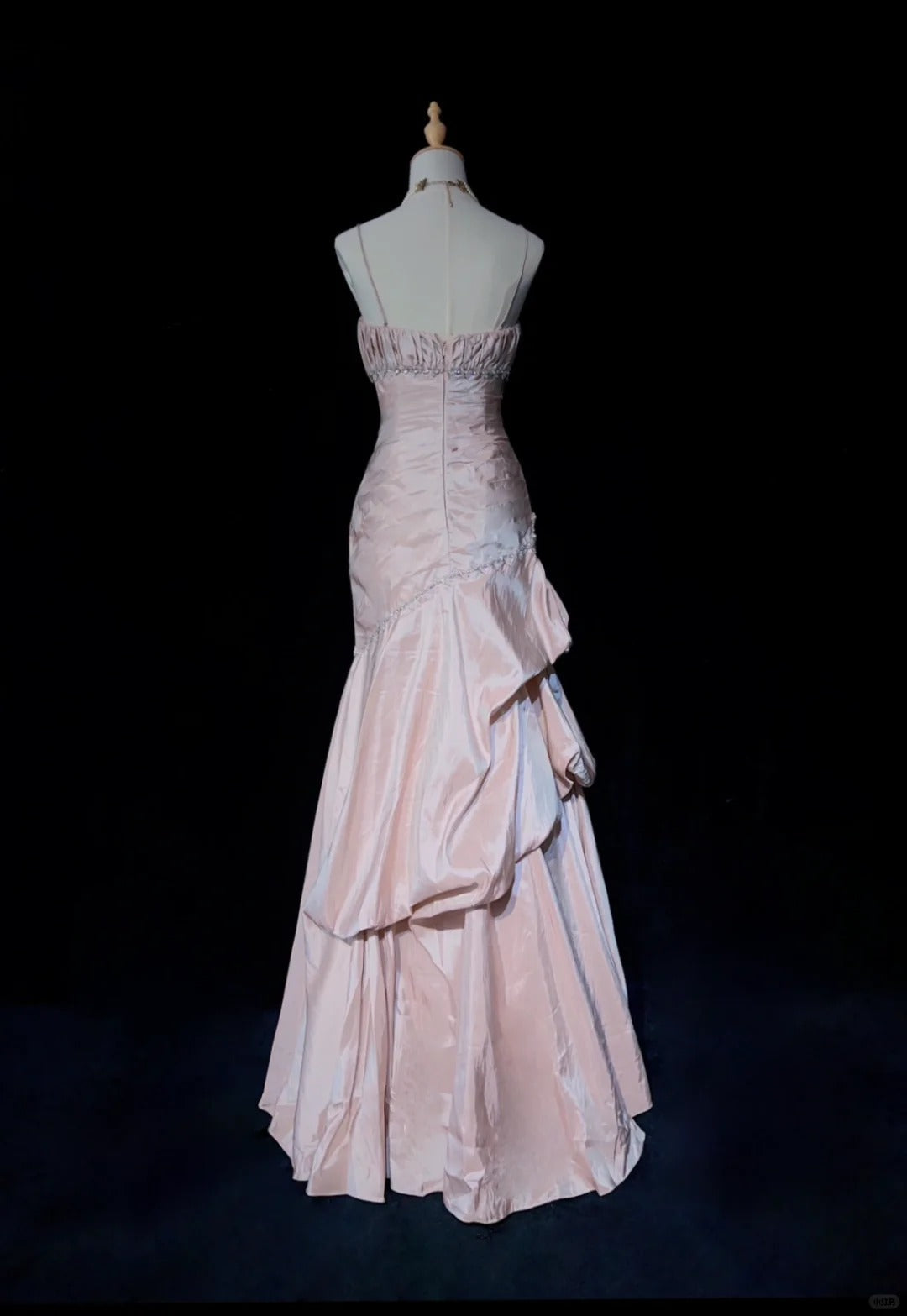 Sweet Spaghetti Straps Mermaid Evening Dresses Pink Satin Layered Pleated Prom Dress With Beading
