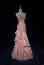 Sweet Spaghetti Straps Mermaid Evening Dresses Pink Satin Layered Pleated Prom Dress With Beading