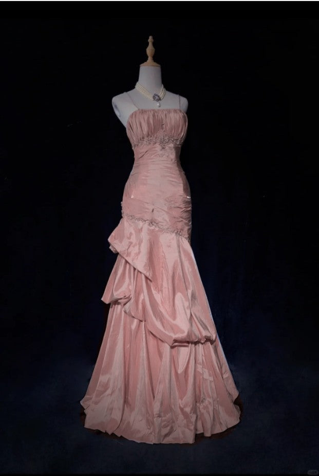 Sweet Spaghetti Straps Mermaid Evening Dresses Pink Satin Layered Pleated Prom Dress With Beading