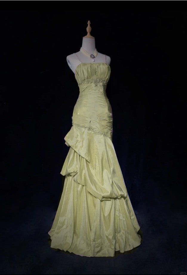 Sweet Spaghetti Straps Mermaid Evening Dresses Pink Satin Layered Pleated Prom Dress With Beading