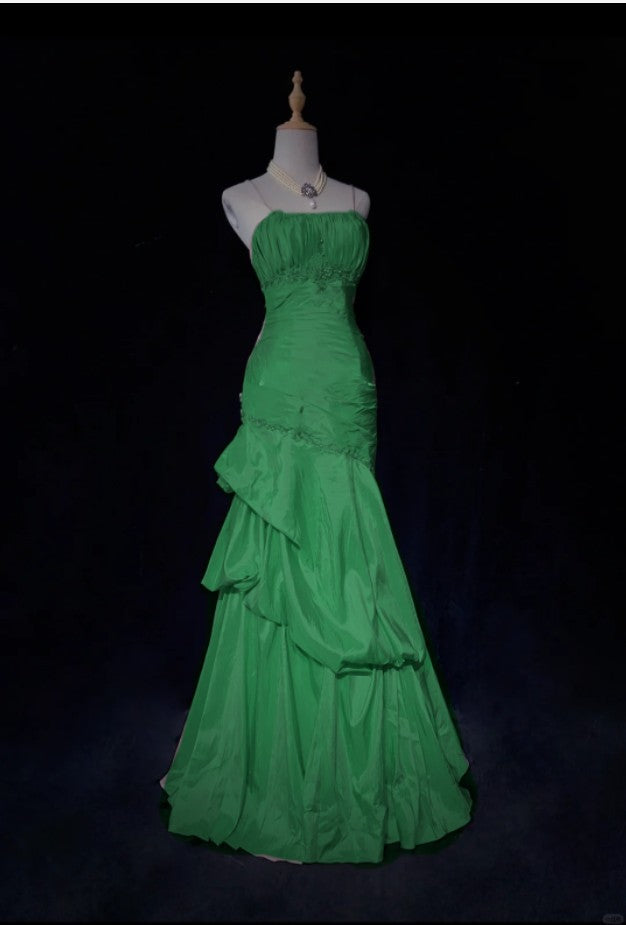 Sweet Spaghetti Straps Mermaid Evening Dresses Pink Satin Layered Pleated Prom Dress With Beading