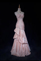 Sweet Spaghetti Straps Mermaid Evening Dresses Pink Satin Layered Pleated Prom Dress With Beading