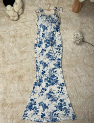 Gentle Print Spaghetti Strap Chiffon Mermaid Prom Dress
