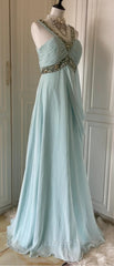 Gentle Tiffany Blue Chiffon V-Neck Beaded Sequin A-Line Long Formal Prom Dress Wedding Evening Dress