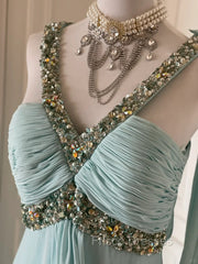 Gentle Tiffany Blue Chiffon V-Neck Beaded Sequin A-Line Long Formal Prom Dress Wedding Evening Dress