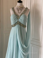 Gentle Tiffany Blue Chiffon V-Neck Beaded Sequin A-Line Long Formal Prom Dress Wedding Evening Dress