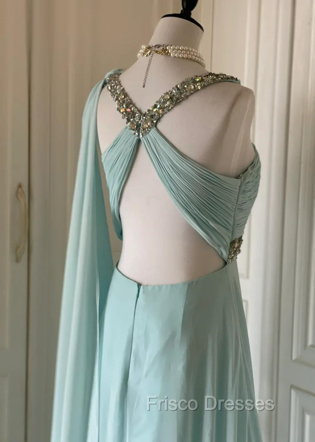 Gentle Tiffany Blue Chiffon V-Neck Beaded Sequin A-Line Long Formal Prom Dress Wedding Evening Dress