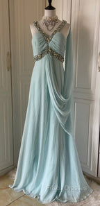 Gentle Tiffany Blue Chiffon V-Neck Beaded Sequin A-Line Long Formal Prom Dress Wedding Evening Dress