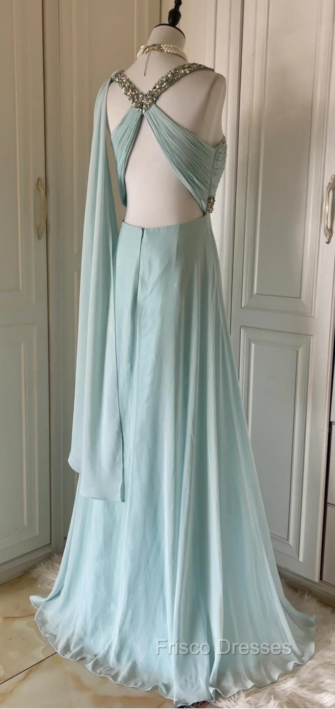 Gentle Tiffany Blue Chiffon V-Neck Beaded Sequin A-Line Long Formal Prom Dress Wedding Evening Dress