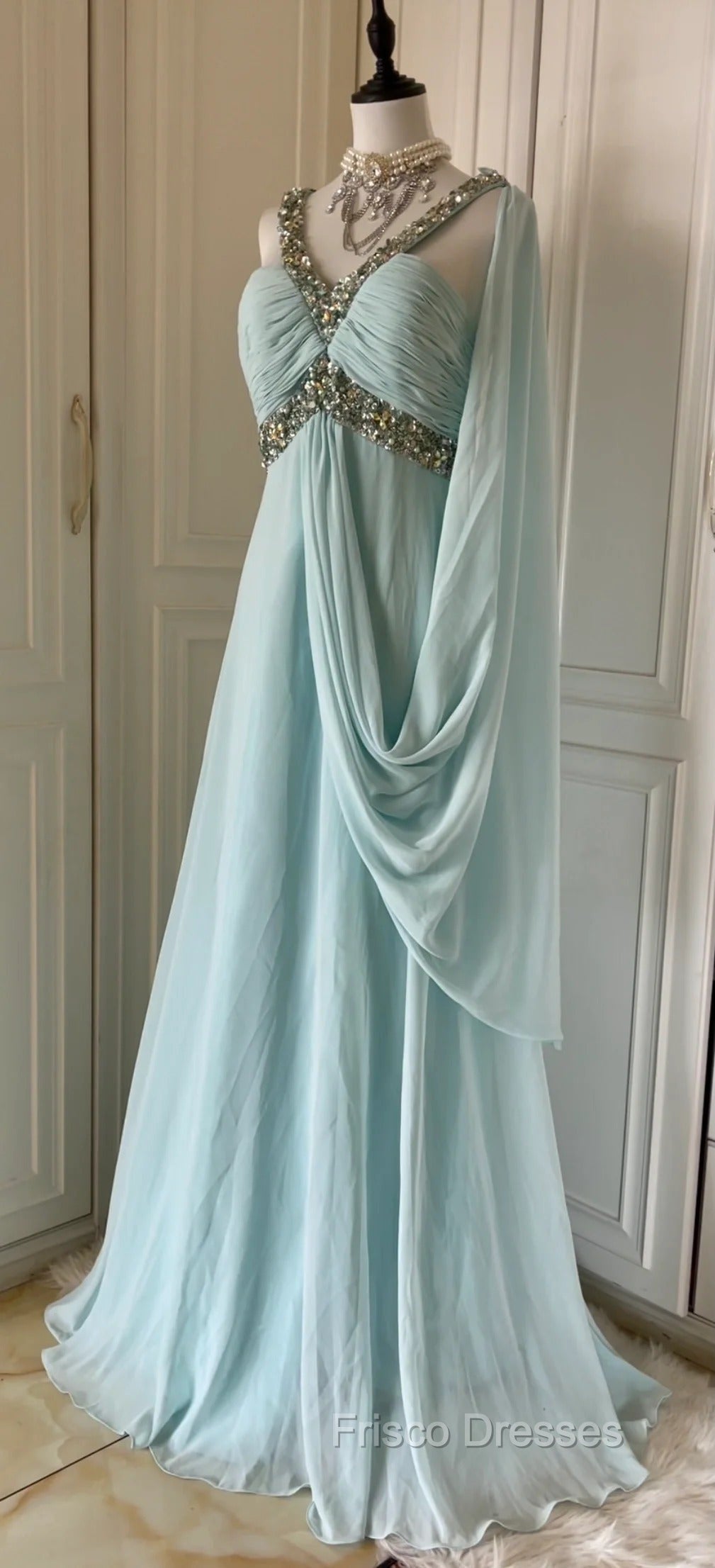 Gentle Tiffany Blue Chiffon V-Neck Beaded Sequin A-Line Long Formal Prom Dress Wedding Evening Dress
