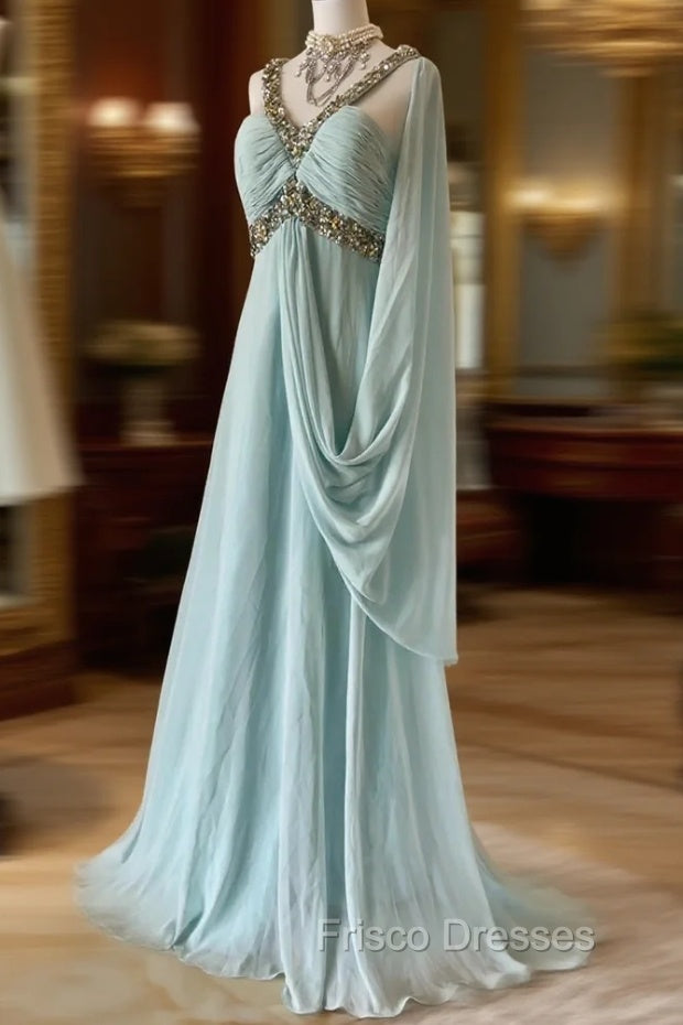 Gentle Tiffany Blue Chiffon V-Neck Beaded Sequin A-Line Long Formal Prom Dress Wedding Evening Dress Main image