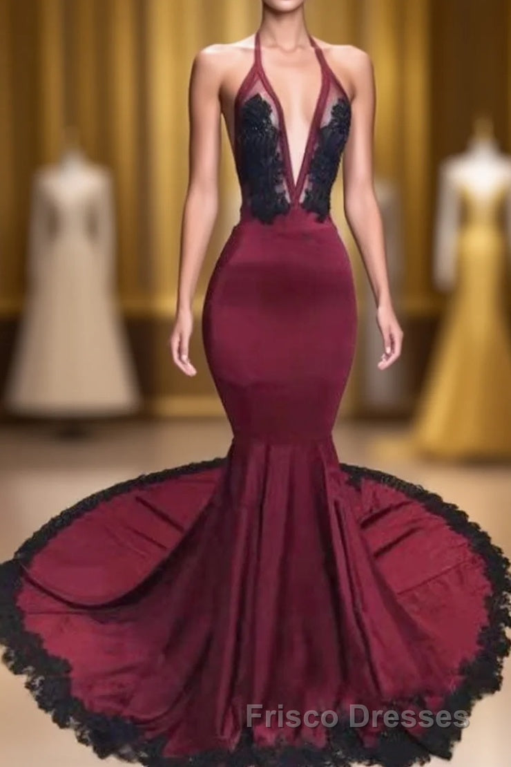 Burgundy Halter Deep V Neck Mermaid Formal Prom Dress with Lace, Long Evening Gown