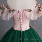 Green Off the Shoulder Floor Length Formal Prom Dress with Appliques, Puffy Quinceanera Dress