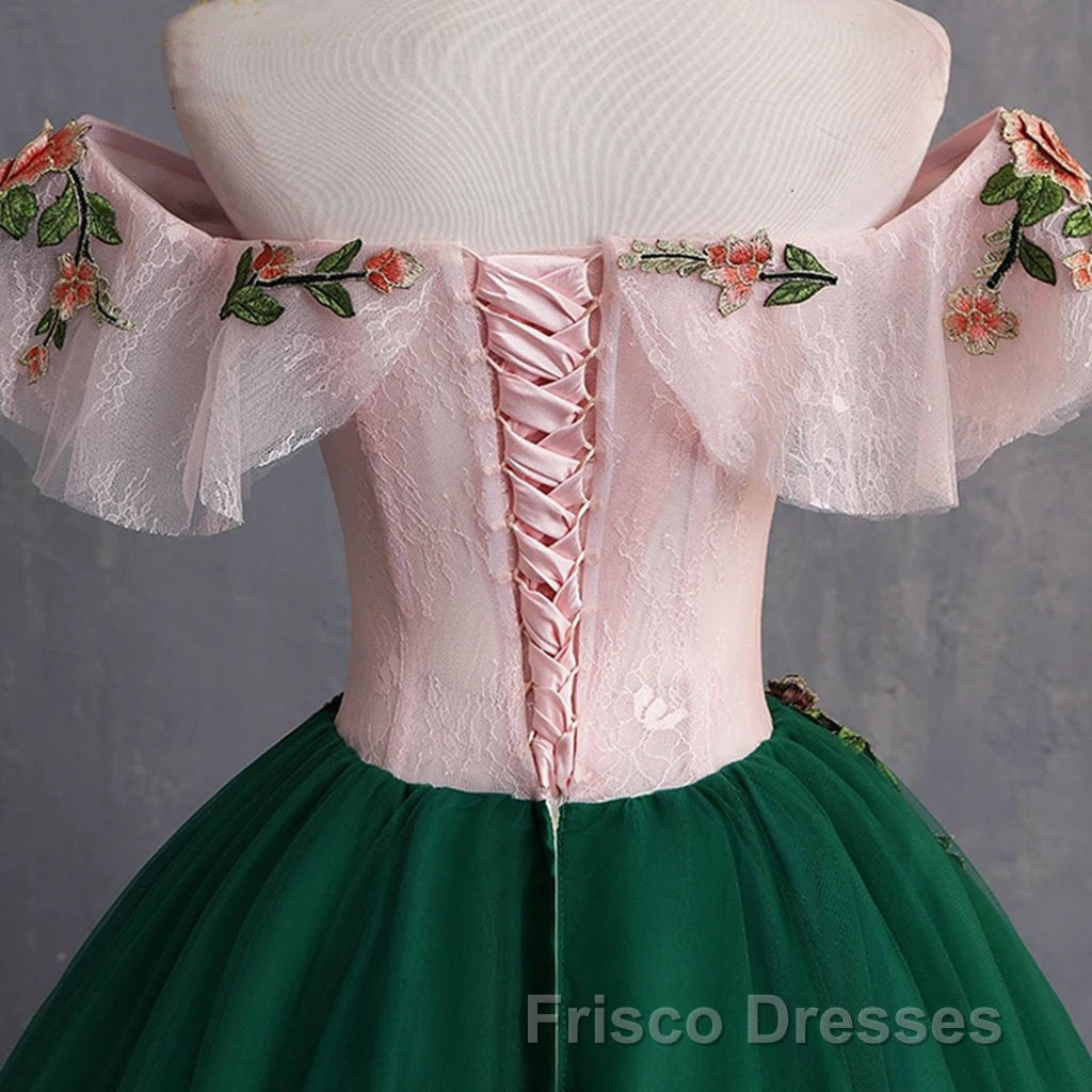 Green Off the Shoulder Floor Length Formal Prom Dress with Appliques, Puffy Quinceanera Dress