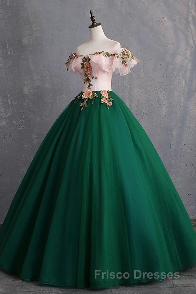 Green Off the Shoulder Floor Length Formal Prom Dress with Appliques, Puffy Quinceanera Dress