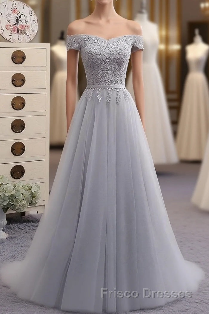 Gray A Line Lace Off Shoulder Formal Prom Dress, Lace Evening Dress