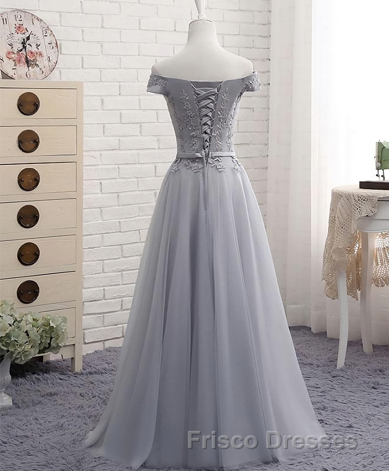 Gray A Line Lace Off Shoulder Formal Prom Dress, Lace Evening Dress Secondary image