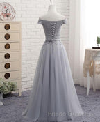 Gray A Line Lace Off Shoulder Formal Prom Dress, Lace Evening Dress
