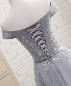 Gray A Line Lace Off Shoulder Formal Prom Dress, Lace Evening Dress