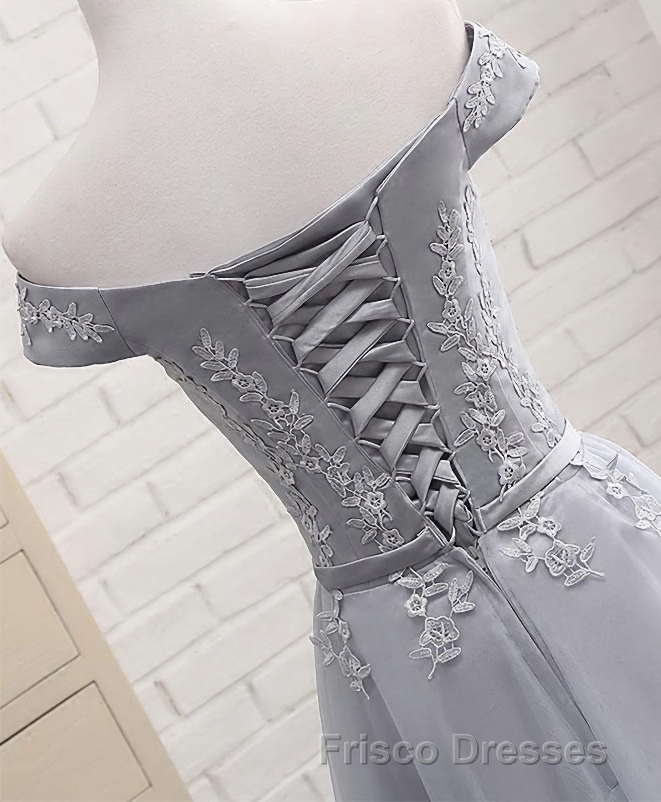 Gray A Line Lace Off Shoulder Formal Prom Dress, Lace Evening Dress