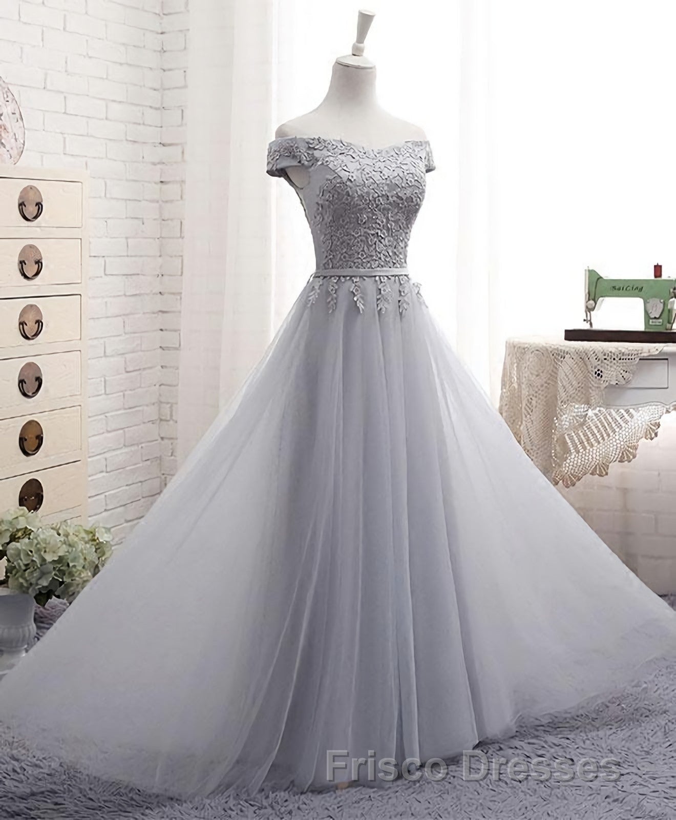 Gray A Line Lace Off Shoulder Formal Prom Dress, Lace Evening Dress