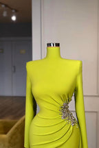 Ginger Yellow High-Neck Long-Sleeves Metallic Beaded Mermaid Prom Dress