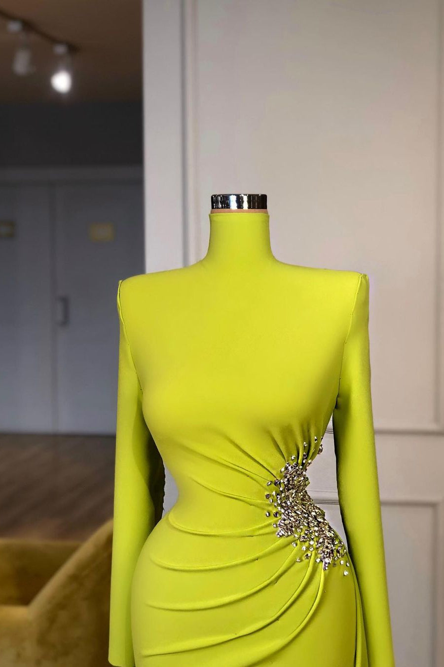 Ginger Yellow High-Neck Long-Sleeves Metallic Beaded Mermaid Prom Dress