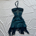Blue Floral Beaded Short Halter Chiffon Homecoming Dress Birthday Party Dress
