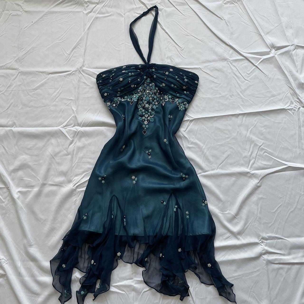 Blue Floral Beaded Short Halter Chiffon Homecoming Dress Birthday Party Dress